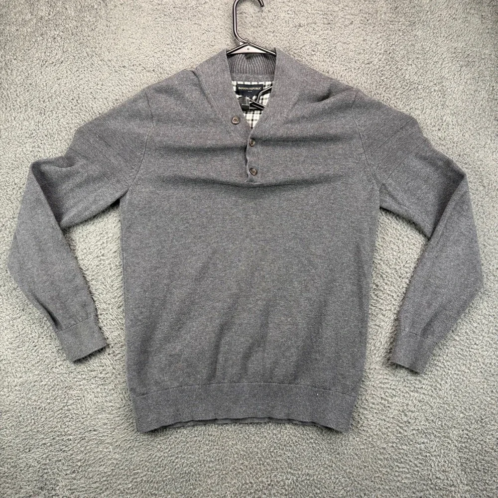 Banana Republic Mens Small Gray Cotton Henley Shawl Collar Pullover Sweater 8897